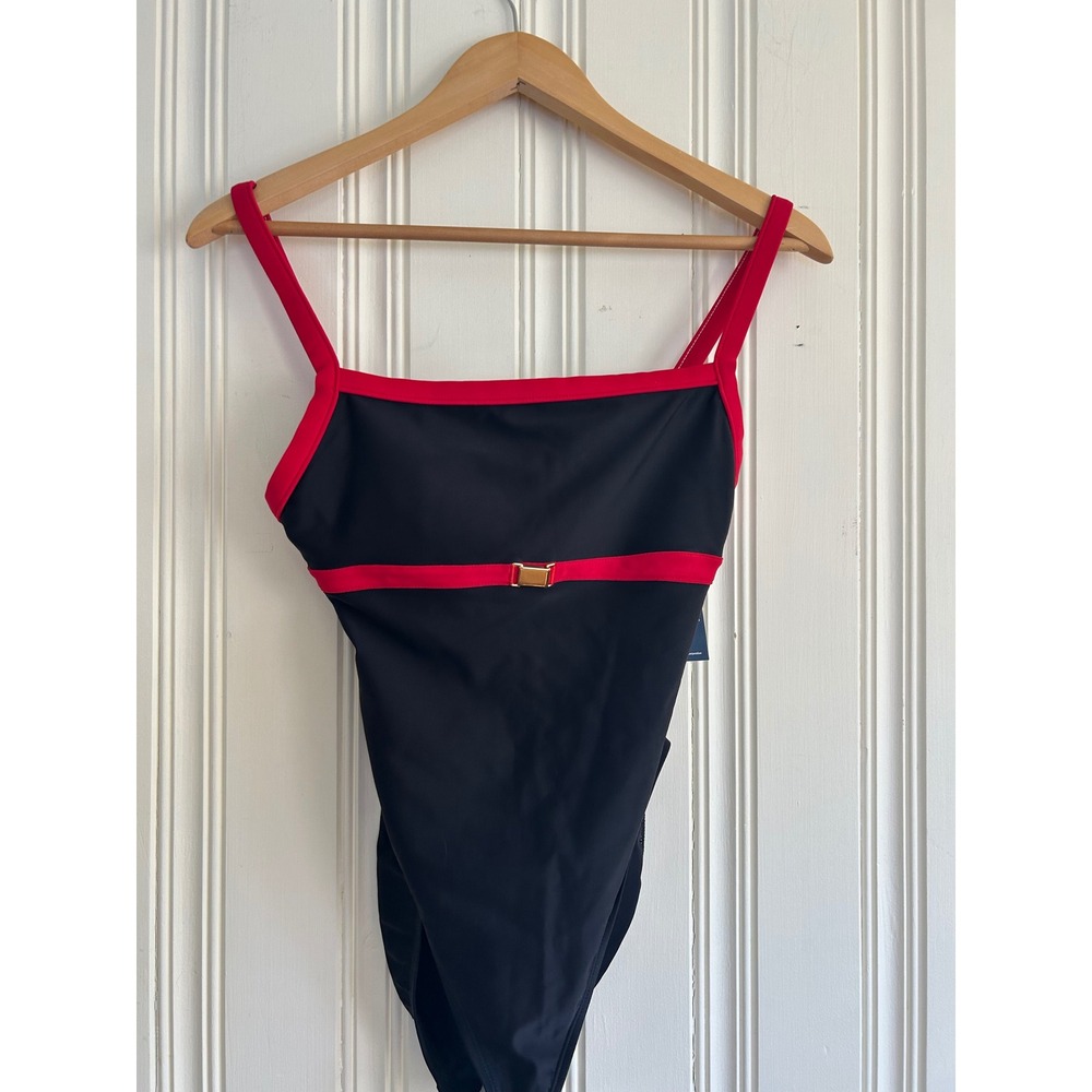 Anne Cole Collection Womens Designer One Piece Swimsuit Black Red Belted Size 10